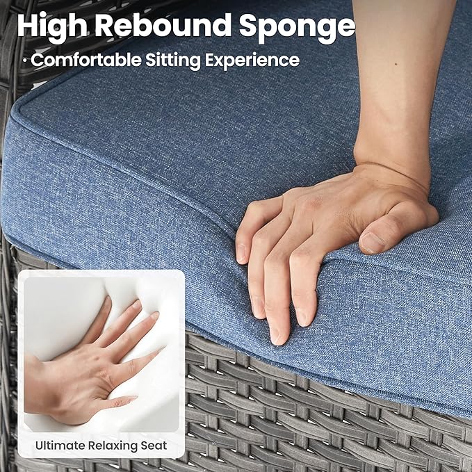 ovios 5 Pieces Patio Furniture Set with 42" Fire Pit Table, Outdoor Wicker Sofa with Loveseat, Comfy Cushions, High Back Couch Conversation Set, Grey Rattan, Denim Blue