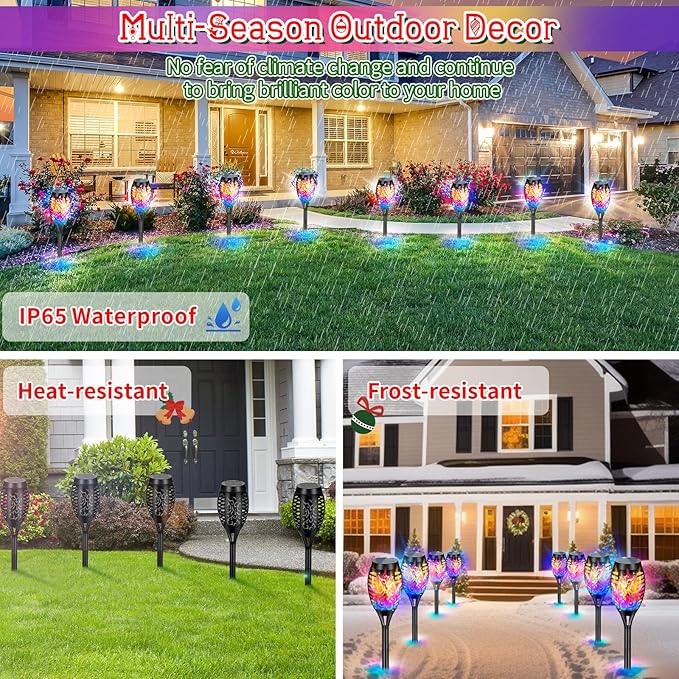 8 Pack Solar Torch Lights Outdoor Waterproof - Multicolor Flickering Flame, Outdoor Solar Garden Lights for Yard, Tiki Torches for Outside Patio Pathway Decorations