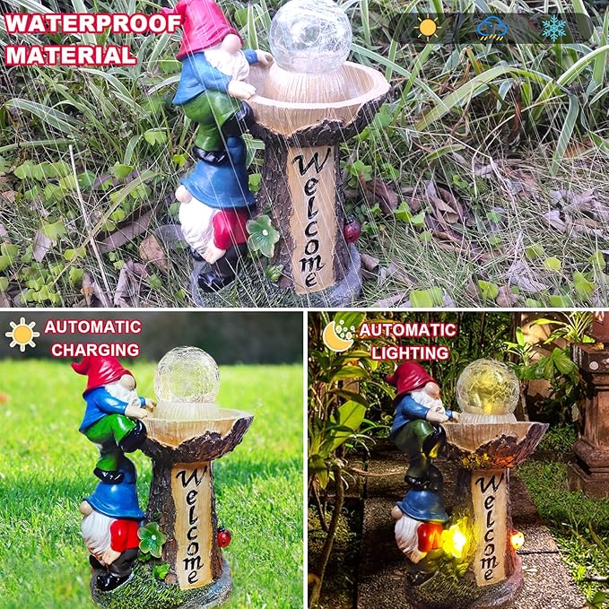 Garden Gnome Statues, Garden Statues for Outside with Solar LED Lights, 10.4 in Funny Double Gnomes Sculptures Outdoor Decorations for Yard, Ideal Gnomes Gifts for Women/Mom/Grandm
