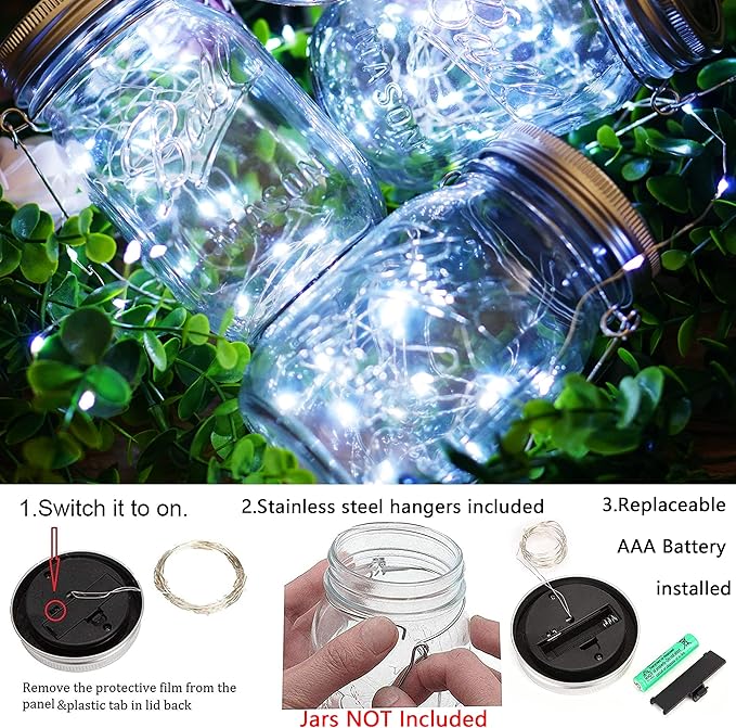 Mason Jar Solar Lights 30 LED, 10 Pack Hanging Solar Lanterns Outdoor, Waterproof Fairy Lights for Patio Garden, Wedding, Yard - Cool White