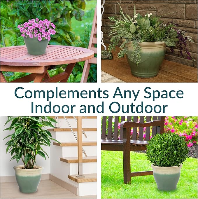 Sunnydaze Studio Large Ceramic Plant Pot - Round Outdoor Glazed Ceramic Planter Pot with Drainage - Seafoam - 14.5"