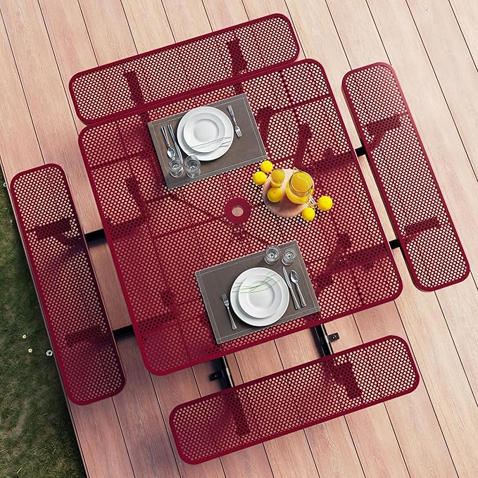 Metal Picnic Tables for Outdoors with Umbrella Hole - Coated Steel Heavy Duty Commercial Grade Table with Adjustable Seats (Red, 46 in, Square, Punched Steel)