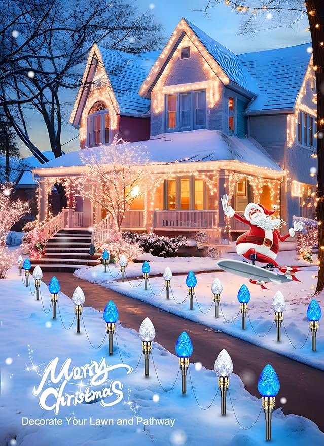 Brightown 2 Pack Strawberry C9 Pathway Lights Outdoor - Total 34.8 Feet 20 LED C9 Walkway Lights, Christmas Outside Decorations for Lawn Holiday, Blue & Pure White