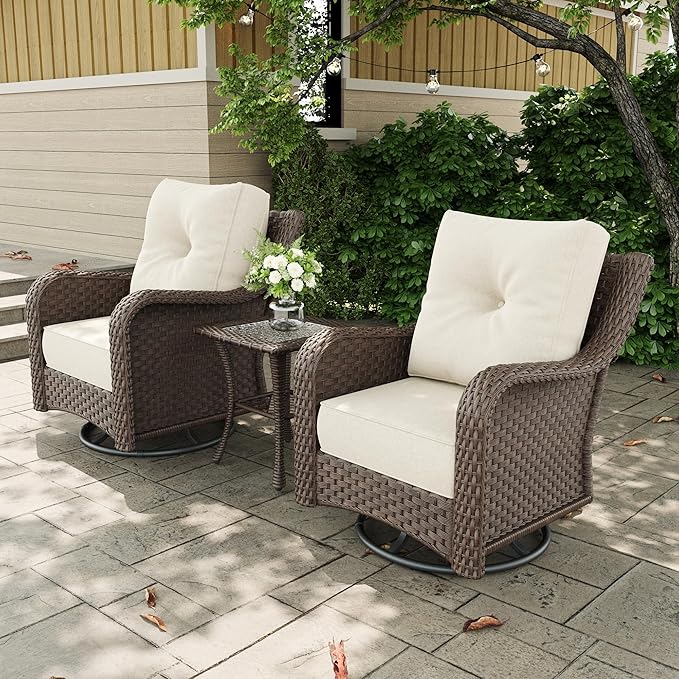 3 Pieces Outdoor Patio Furniture Sets with Rocking Swivel Chairs with 6-inch Thick Cushion and Side Table for Deck Lawn