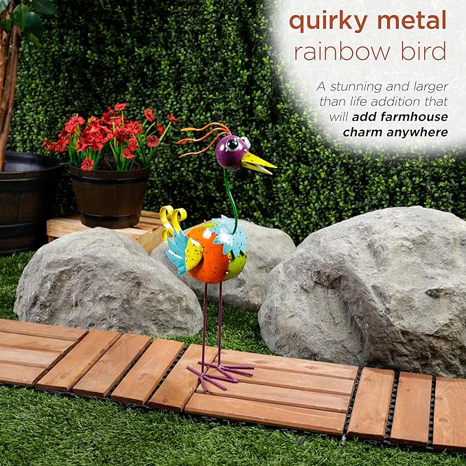 Alpine Corporation LAZ328HH Quirky Metal Rainbow Bird Decor, Animal Statue for Patio, Lawn & Garden, 21" H, Multicolor
