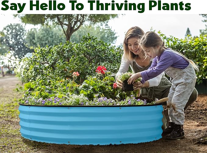 Round Galvanized Raised Garden Bed // 4×4×1 ft Galvanized Raised Garden Beds Outdoor for Gardening, Vegetables, Flowers // Patented Tool-Free Design Round Planter (Teal)