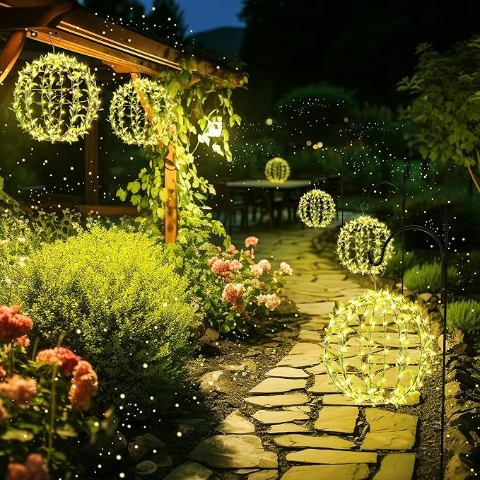 Solar Powered Hanging Iron Sphere Lights with Artificial Greenery – 12Inch 120 LED Waterproof Outdoor Decor Ball Light with Timer & 8 Modes – 2 Pack for Garden, Christmas, Weddings (Warm White)