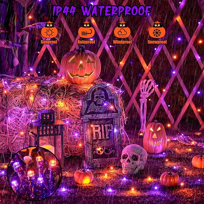 JMEXSUSS Orange and Purple Solar Halloween Lights, 2 Pack Total 400 LED Solar String Lights Outdoor Waterproof, 8 Modes Halloween Lights for Outside Halloween Tree Decorations