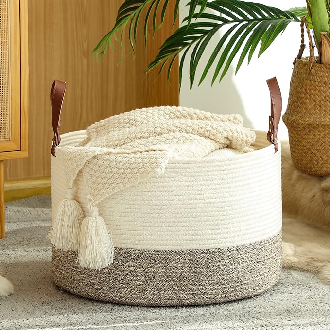 KAKAMAY Large Blanket Basket (20"x13"),Woven Baskets for storage Baby Laundry Hamper,Cotton Rope Blanket Basket for Living Room, Laundry, Nursery, Pillows, Baby Toy chest (White/Beige)