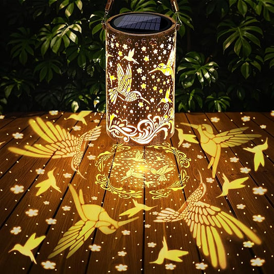 Toodour Solar Lantern Outdoor, Hummingbird Gifts for Women Mom Grandma Hanging Solar Outdoor Lights Waterproof, Hollow Out Retro Metal Hummingbird Lights for Patio, Balcony, Walkway, Yard Decorations