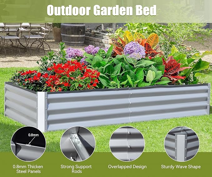 Domi Galvanized Raised Garden Bed, Outdoor Planter Garden Boxes Large Metal Planter Box for Gardening Vegetables Fruits Flowers, Silvery (6x3x1ft)