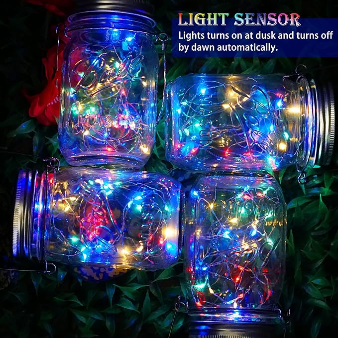 SunKite Solar Mason Jar Lights [Updated], 8 Pack 20 LED Waterproof Fairy Firefly Jar Lids String Lights with Hangers(NO Jars), Patio Yard Garden Wedding Decoration(Multi-Colored)