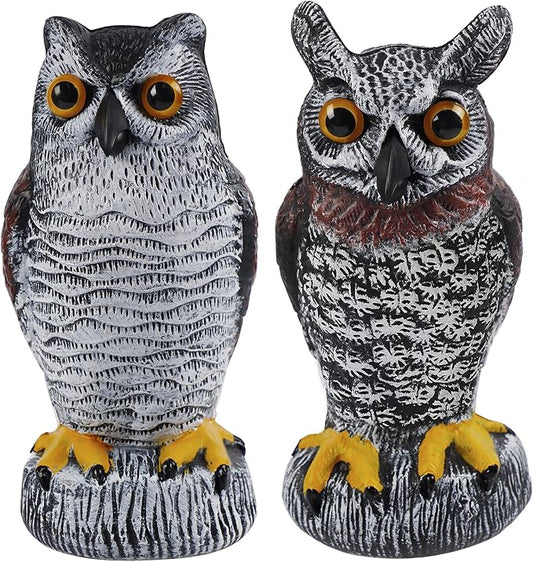 Hausse 2 Pack Fake Owl Decoy Bird Scarecrow Sculpture, Plastic Horned Owl Bird Deterrents with Yellow Claws, Garden Protectors, Large Nature Enemy Pest Repellent for Outdoor Garden Yard