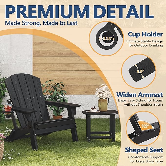 Folding Adirondack Chair Set of 2 with Cup Holder, HDPE All Weather Resistant Plastic Outdoor Patio Chairs, Heavy Duty Fire Pit Seating for Backyard Lawn Garden, Wooden Textured Design(Black)(Black)