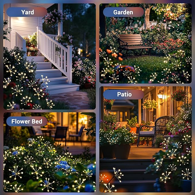 Solar Garden Decor Lights Outdoor, Solar Powered Lights Waterproof for Yard Patio Porch Flowerbed, Fairy Gardening Supplies Gifts Firwork(4 Pack Warm White)