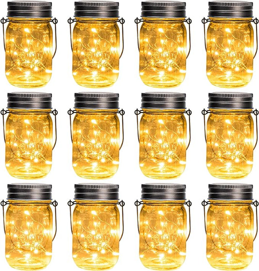 GIGALUMI Solar Mason Jar Lights, 12 Pack 30 Led String Fairy Lights Garden Lights Outdoor Waterproof Hanging Solar Lanterns for Outdoor, Garden, Patio, Lawn, Balcony Decoration