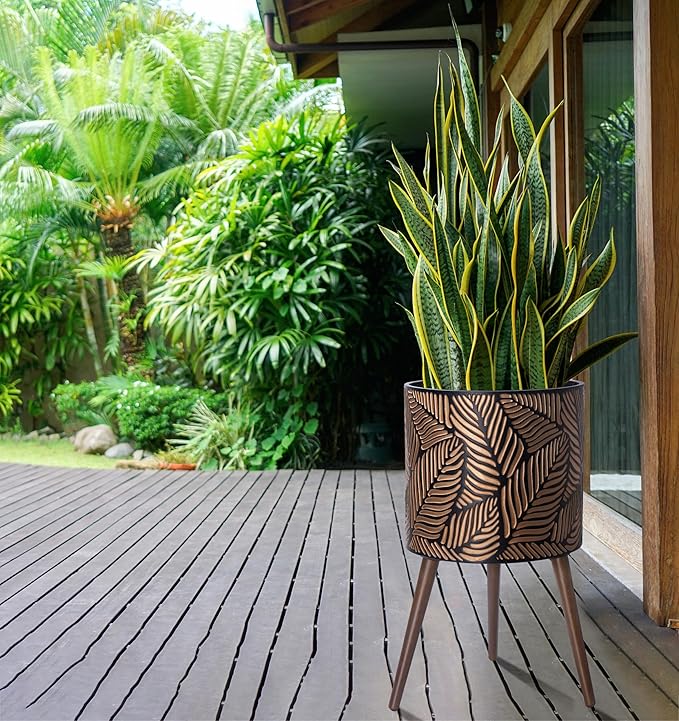 D'vine Dev 16 Inch Planter Pot with Stand, Mid-Century Tall Plant Pot with Legs for Indoor Plants, XX-Large, Bronze/Grey, 88-L-E-6