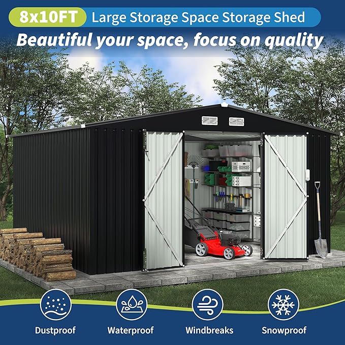 8x10 FT Metal Storage Sheds Outdoor with Floor, Metal Yard Sheds Garden Shed Kit, MetalTool Shed with Lockable Door, Metals UtilitySheds Buildings with Air Vent for Backyard Garden Patio Lawn
