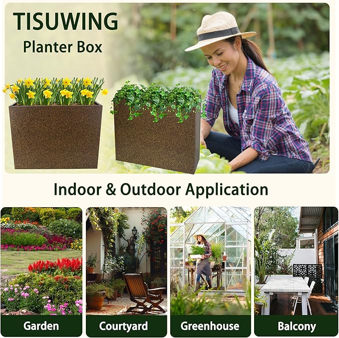 Metal Planter Box Rectangular Planter, 35.5" Lx 10" Wx 28" H Terrazzo Brown Large Planters with Drainage Holes, Galvanized Steel Tall Planters for Patio/Porch