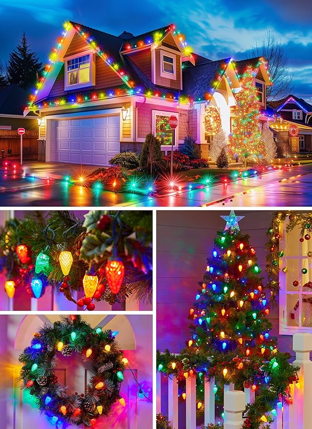 Solar Christmas Lights Outdoor, 2 Pack 50 LED C9 Strawberry String With Timer & 8 Modes, Waterproof Solar Christmas Tree for Outside Garden Patio Party Decor, Multicolor