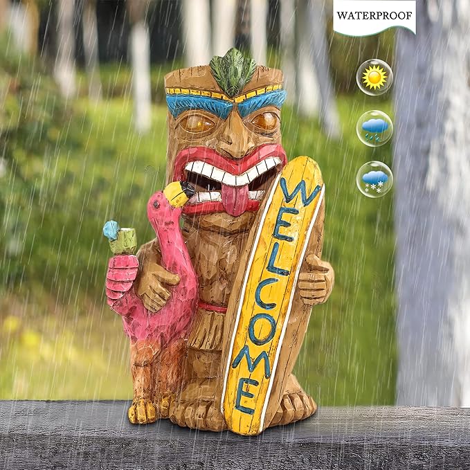 Welcome Tiki Statue with Surfboard Flamingo-Solar Outdoor Decor - Tiki Man with Automatic Switch On Flickering Eyes LED Light for Tiki Bar Decorations, Patio, Balcony, Yard,Lawn,Gifts