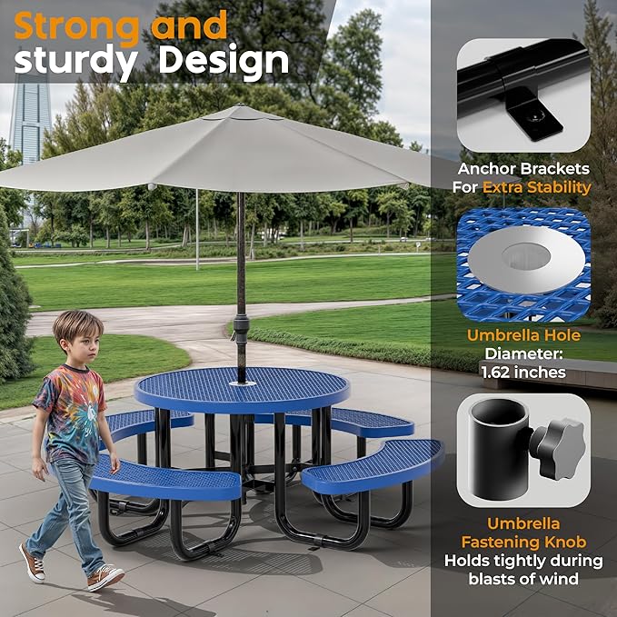 Metal Picnic Tables for Kids for Outdoors with Umbrella Hole - Coated Steel Heavy Duty Commercial Grade Table with Adjustable Seats (Blue, 38 in, Kids, Expanded Steel)
