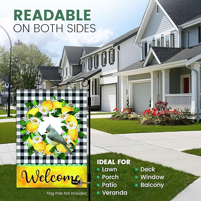 Welcome Garden Flag - 12.5 x 18 Inch Double-Sided Spring Garden Flag - Printed Wreath in Plaid Background Seasonal Outdoor Banner for House Front Yard, Porch, Patio - Suits Standard Poles