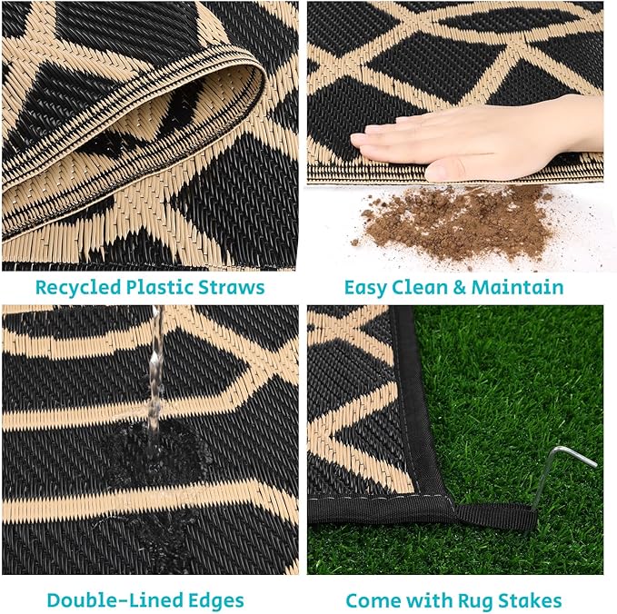 HEBE Outdoor Rug Waterproof 9x12, Reversible Plastic Straw Rug RV Camping Rug, Indoor Outdoor Patio Mat Clearance, Outside Carpet for Porch,Deck,Camper,Balcony,Backyard,Picnic