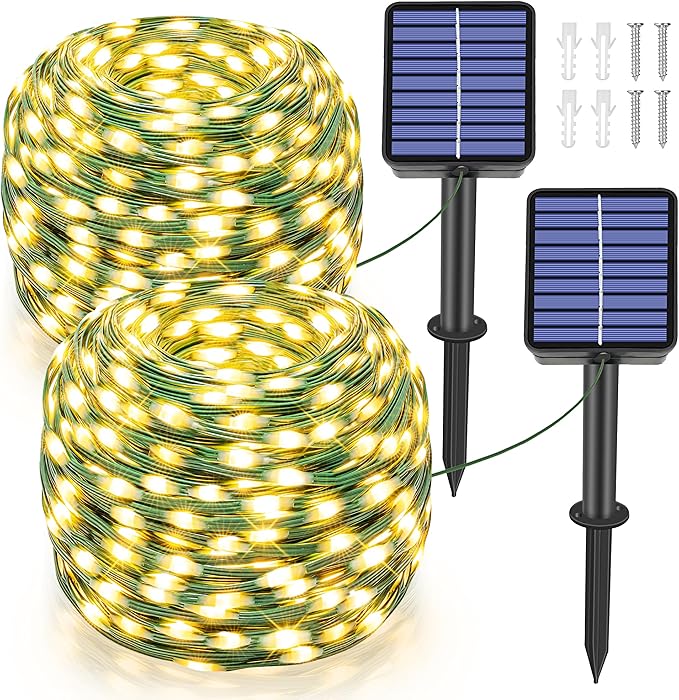 Ollny Solar String Lights for Outside, 2 Pack Total 132FT 400LED Solar Fairy Lights Outdoor, IP67 Waterproof 8 Modes String Lights for Tree Yard Garden Patio Party, Warm White