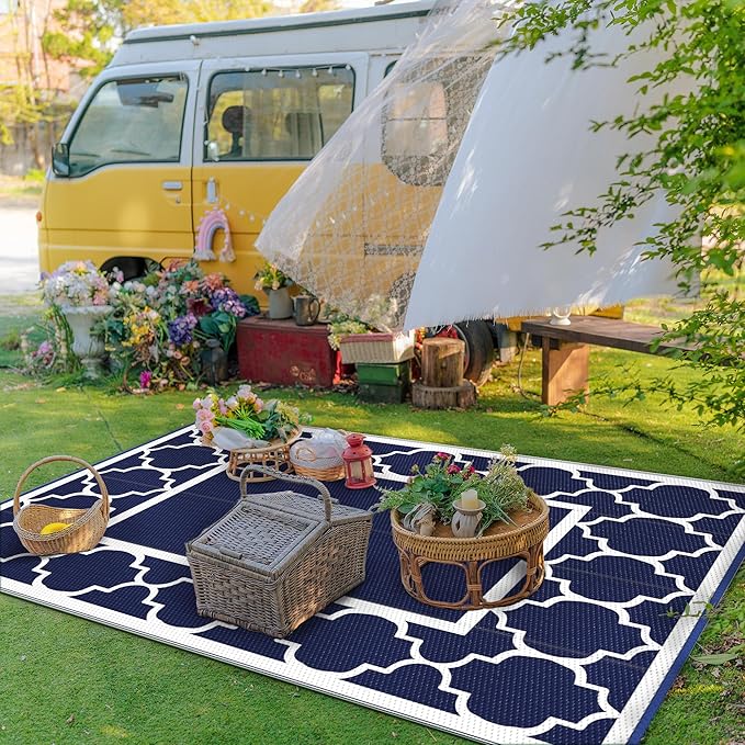 GENIMO 9' x 12' Outdoor Rug Waterproof for Patio Decor, Foldable Reversible Plastic Straw Area Rugs Mat for Camper, Outside Carpet for Rv, Deck, Porch, Picnic, Beach, Balcony, Blue & White