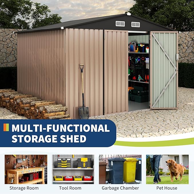 8x10 FT Metal Storage Sheds Outdoor with Floor, Metal Yard Sheds Garden Shed Kit, MetalTool Shed with Lockable Door, Metals UtilitySheds Buildings with Air Vent for Backyard Garden Patio Lawn