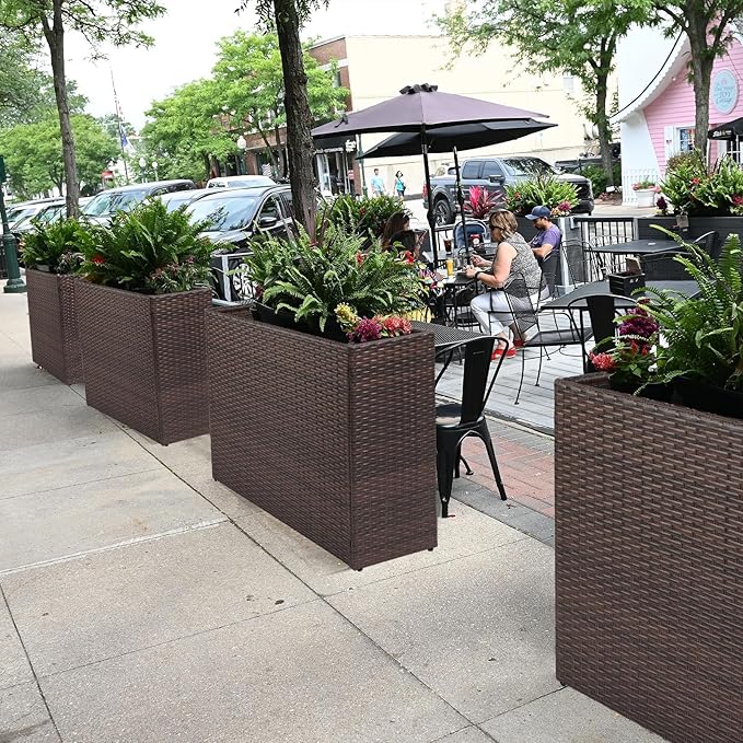 LEWIS&WAYNE Large Rectangular Block Planter Box Handmade Wicker Tall Planters for Outdoor Plants with Removable Liners Modern Planter for Indoor Outdoor Patio Deck - Brown, 32''x11''x24''