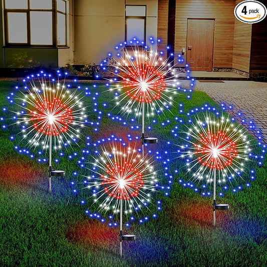 4th of July Decorations Outdoor 4 Pack Solar Power Yard Firework Lights Patriotic Garden Waterproof Solar Lights with 180 LED 8 Modes for Independence Day Party Decoration(Red, White, Blue)