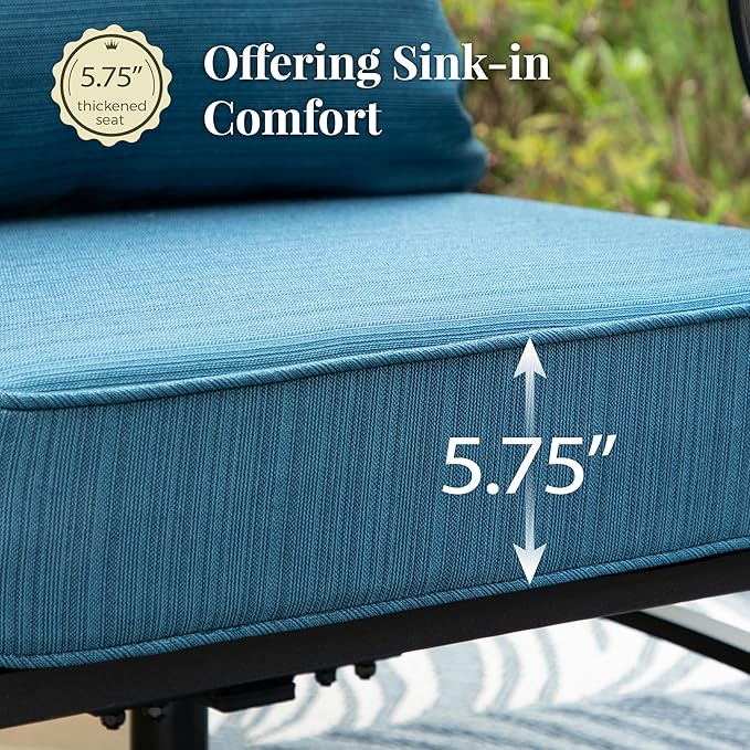 Patio Furniture Set with Fire Pit Table, 5 Pcs Metal Outdoor Conversation Set, 4 Rocking Chairs with 5.75" Extra Thick Cushion and 28" Fire Pit Table for Backyard Deck, Green Blue