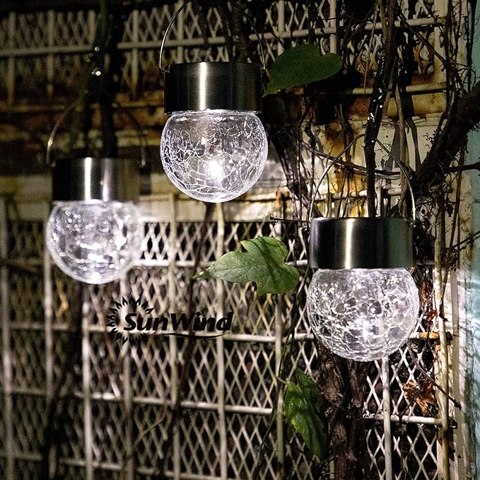 SUNWIND Hanging Solar Ball Lights Outdoor - 8 Pack Cracked Glass Decorative Garden Lights Waterproof Solar Lanterns for Yard, Patio, Fence, Tree, or Holiday Decoration(White)