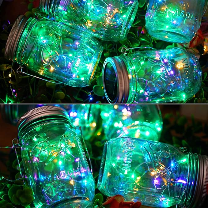 30 LED 10 Packs Solar Mason Jar Lights [Updated] Fairy Firefly Jar Lids String Lights with Hangers Waterproof Patio Yard Garden Wedding Party Decoration - Colorful (NO Jars)