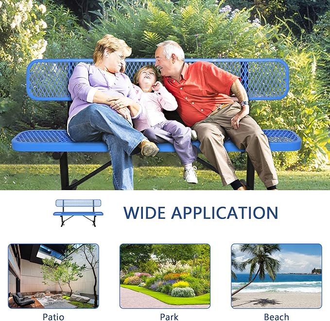 6FT Outdoor Benches Heavy Duty Park Bench with Back Portable Frame, Blue Metal Steel Bench, Outdoor Garden Bench Expanded Metal Mesh Bench for Lawn, Park, Deck, Garden, Patio, Porch, Black (Blue, 6FT)