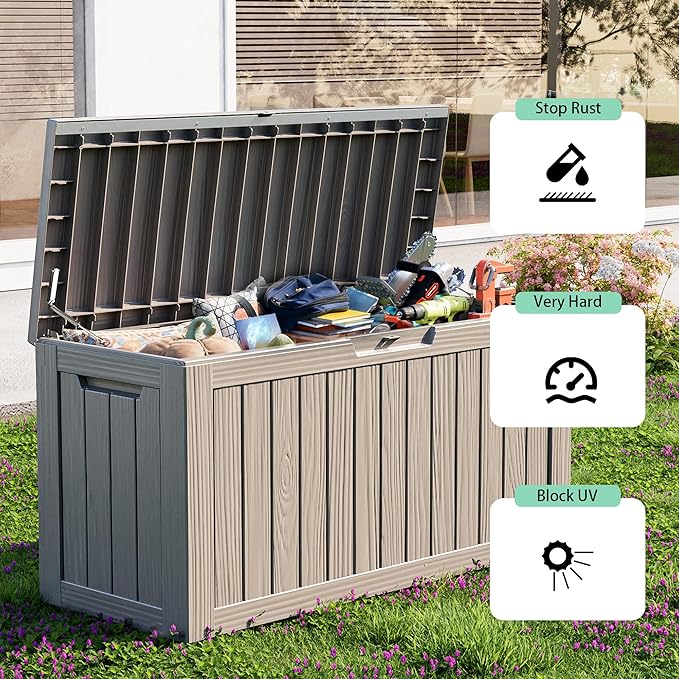 86 Gallon Outdoor Deck Box,Storage Lockable Waterproof Patio Furniture,Garden Tools,Cushions,Pool Accessories Outside Storage Resin Box(Grey)