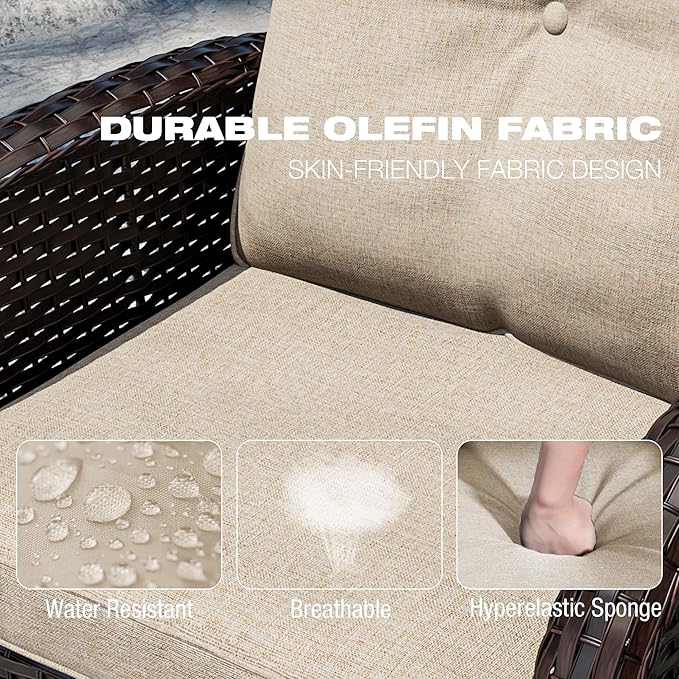 Joyside Outdoor Swivel Rocker Chairs, 3 Piece Wicker Patio Set with Thick Cushion and Side Table, Rattan Patio Swivel Rocking Chairs for Porch, Deck Use (Brown/Beige, 3 PCS)