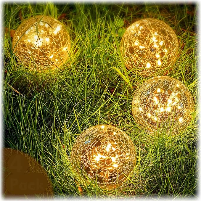Honoson 4.7 Inch Solar Globe Lights Outdoor Waterproof, Solar Balls for Garden Cracked Glass Ball, Ground Landscape Garden Decor for Patio and Yard Lawn Backyard (4 Pieces)