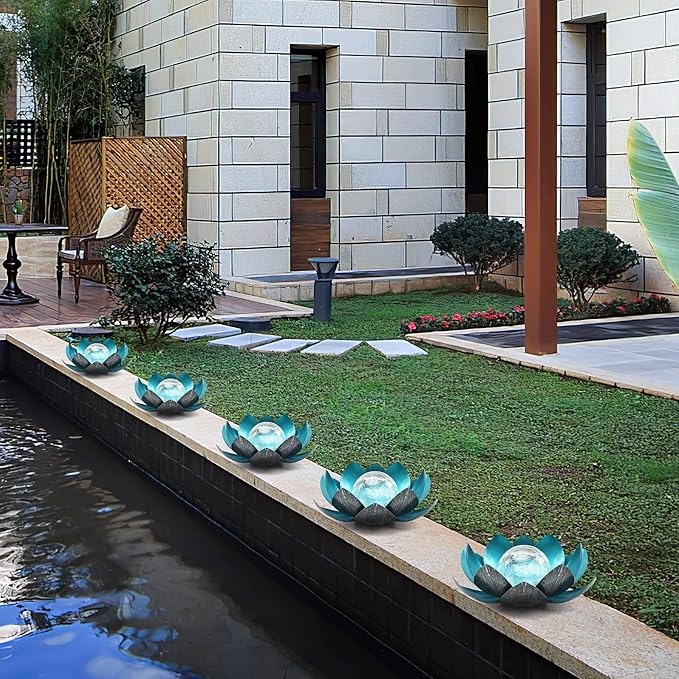 Lotus Solar Lights Outdoor,Solar LED Powered Garden Light Waterproof for Decor Tabletop Ground Yard Patio Walkway Landscape,Metal Glass LED Lotus Flower Lights