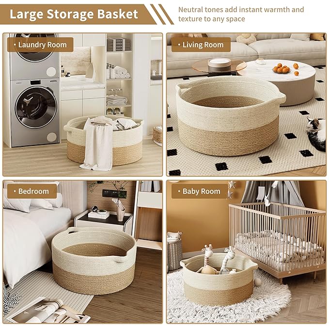 125L Extra Large Blanket Basket, 25" x 16", Jumbo Laundry Woven Baskets Decorative Home, Cotton Rope Basket with Handles, Baby Toy Baskets for Storage, White & Brown,2PC
