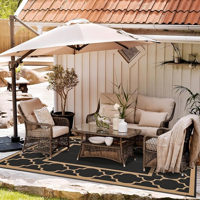 GENIMO 6' x 9' Outdoor Rug Waterproof for Patio Decor, Foldable Reversible Plastic Straw Area Rugs Mat for Camper, Outside Carpet for Rv, Deck, Porch, Picnic, Beach, Balcony, Black & Brown