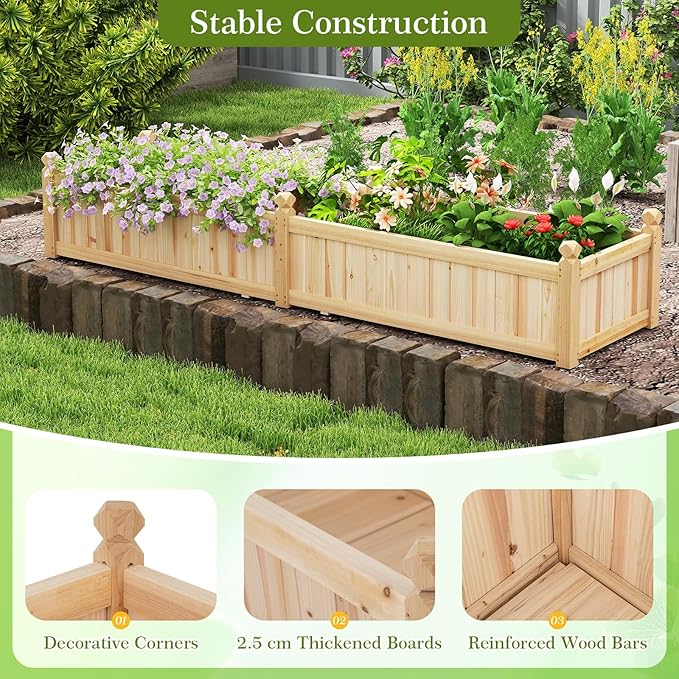 HAPPYGRILL Raised Garden Bed, Wooden Elevated Garden Box w/8 Drain Holes, Detachable Bottom Panels, Liner for Flowers Vegetables Herbs Fruits, Outdoor Planter Box for Backyard Lawn, 89" x 23.5" x 16"