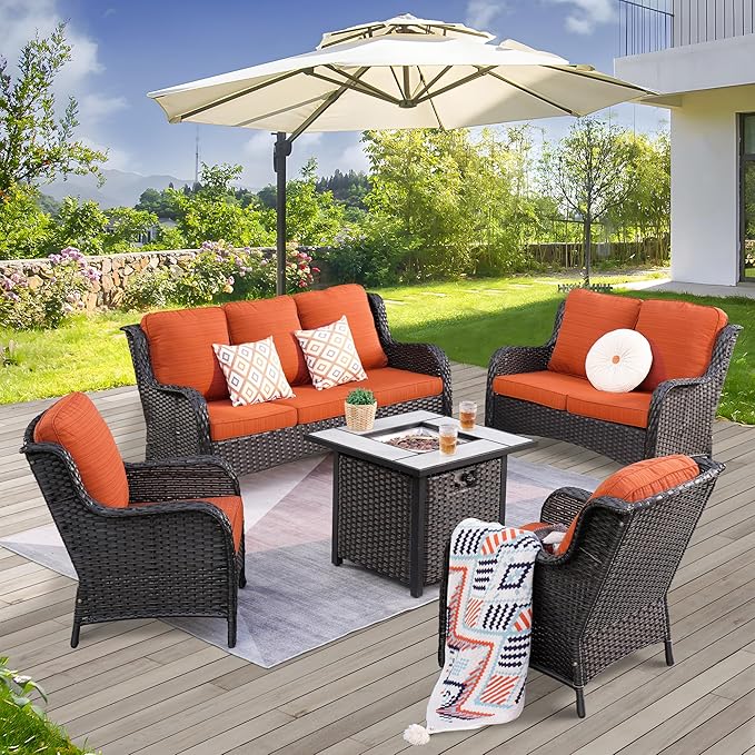 ovios 5 Pieces Patio Furniture Set with 30" Fire Pit Table, Outdoor Wicker Sofa with Loveseat, Comfy Cushions, High Back Couch Conversation Set, Brown Rattan, Orange Red