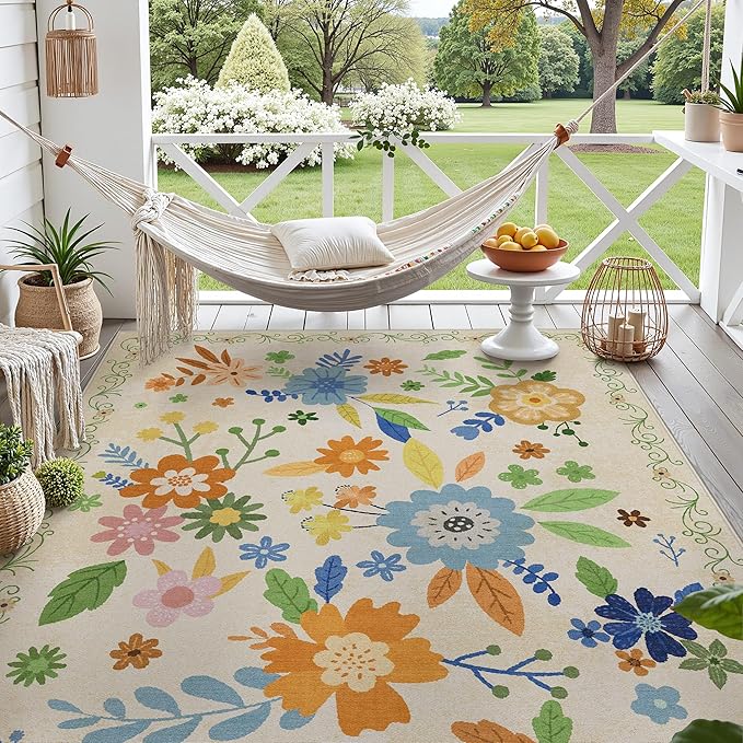 GENIMO Indoor Outdoor Area Rug 5' X 7' Waterproof, Washable Door Mat Non Shedding, Easy Cleaning Floral Outdoor Carpet for Patio, Entryway, Porch, Bathroom, Living Room, Bedroom, Backyard