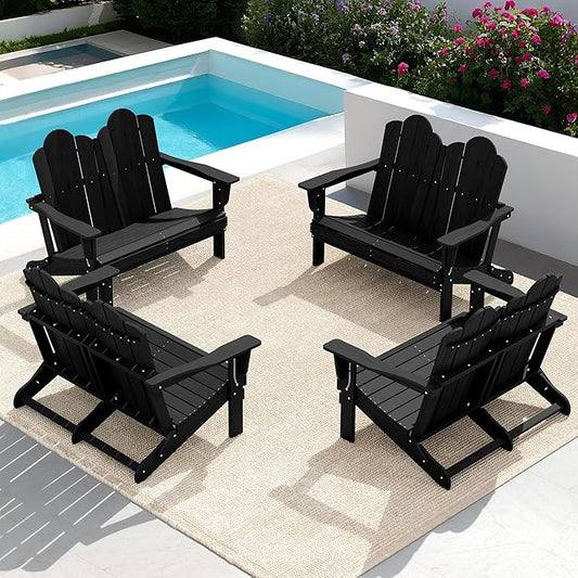 SERWALL 2 Person Adirondack Loveseat, HDPE All-Weather Folding Adirondack Bench Chair, Outdoor Adirondack Chair Set of 4, Black