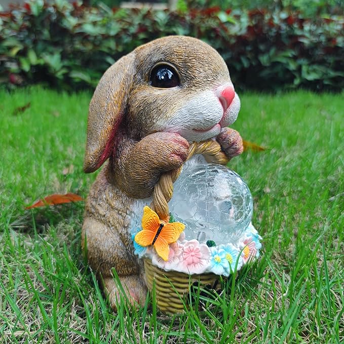 Solar Rabbit Garden Outdoor Statues,Resin Rabbit Figurine Carrying Flower Basket and Magic Orb with Solar LED Lights, Lawn Decor Outdoor Statue for Patio, Balcony, Yard Ornament
