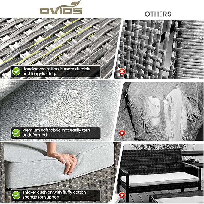 ovios 6 Pieces Patio Furniture Set with 54" Fire Pit Table, Outdoor Wicker Sofa with Comfy Cushions, All Weather High Back Rattan Couch Conversation Set, Grey