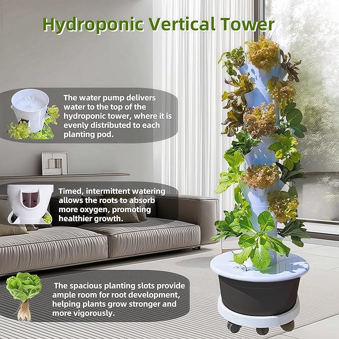 Hydroponic System Kit, Hydroponic Vertical Garden, Lettuce & Herb Starter Kit, with 36 Plant Holes, 9-Tier Indoor Outdoor Growing Tower with Climbing Trellis and Timer